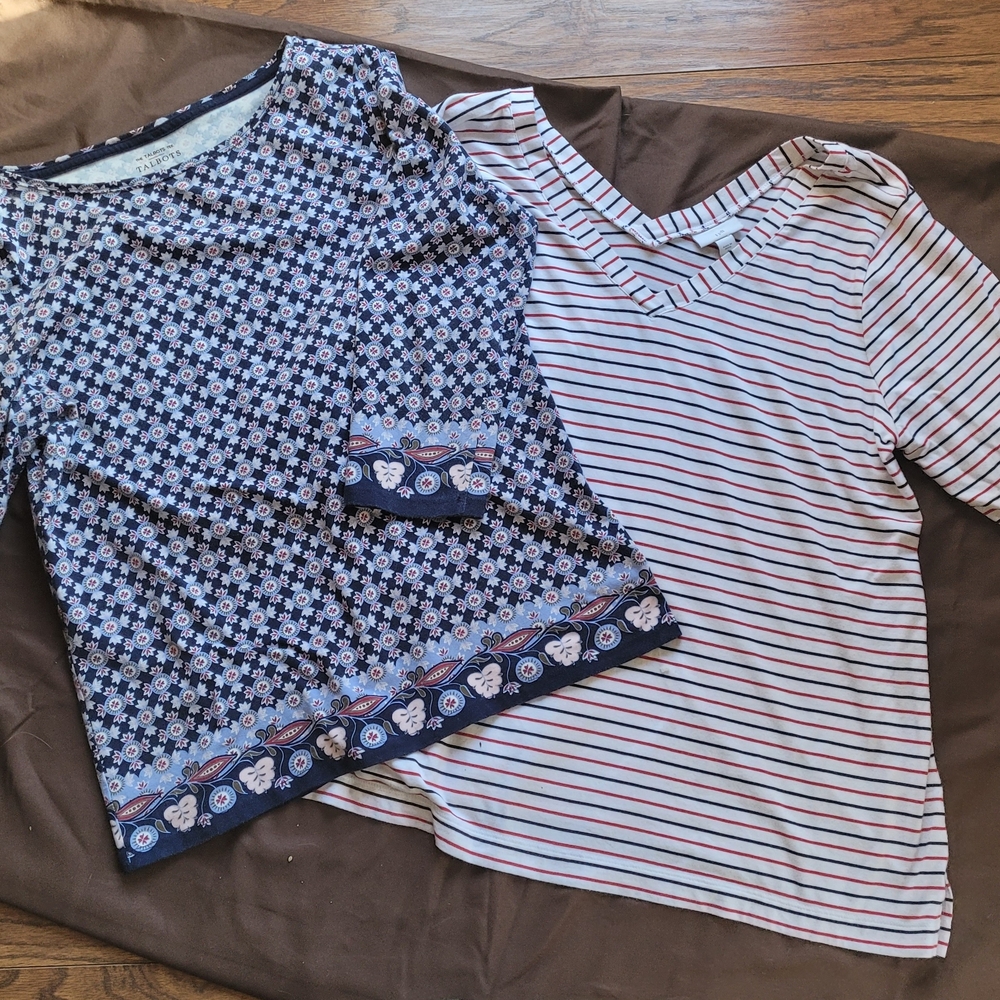 Navy Floral and Striped Long Sleeve Tops